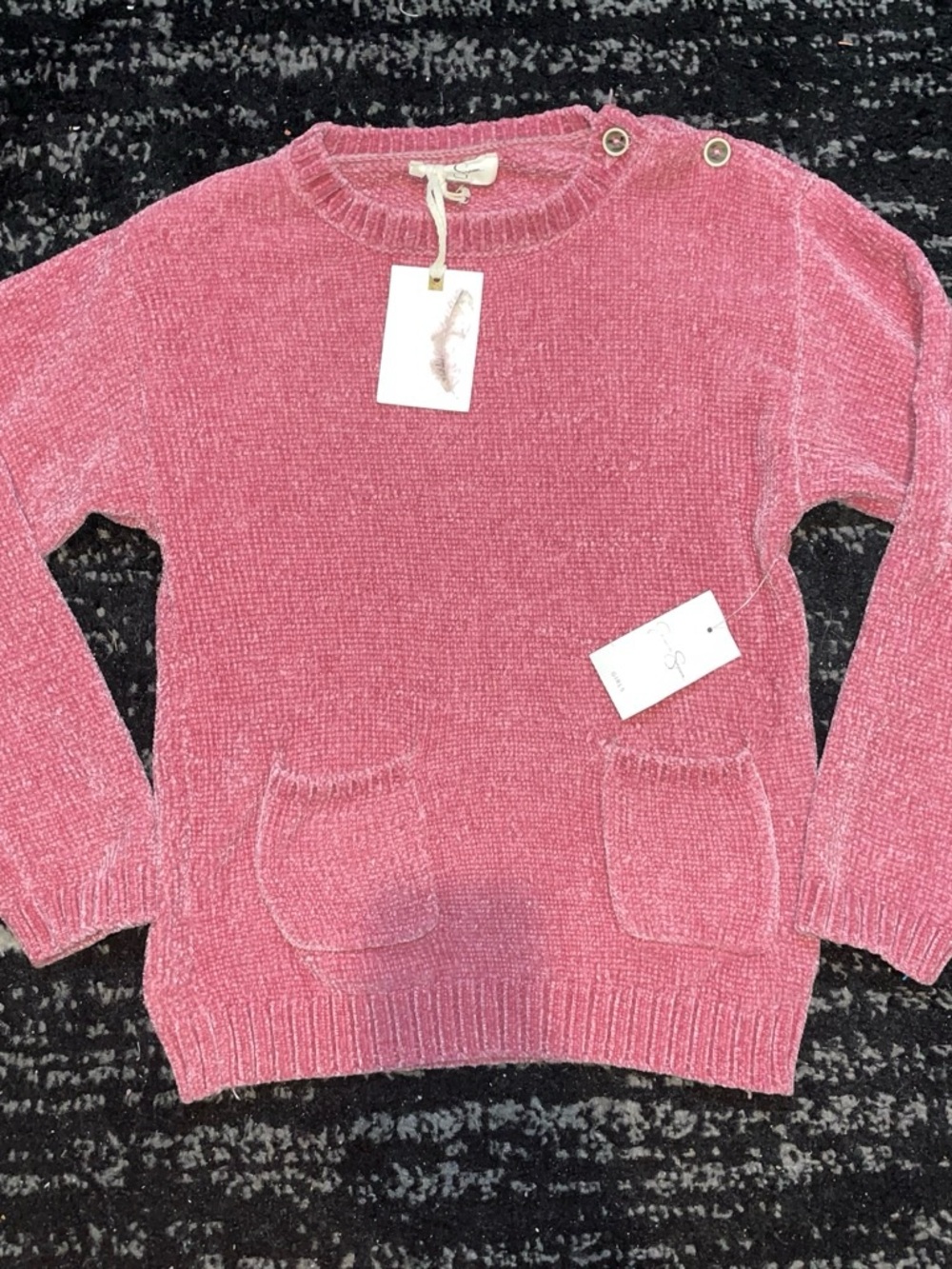 Jessica Simpson Pink Chenille Crewneck Sweater with Pocket Detail